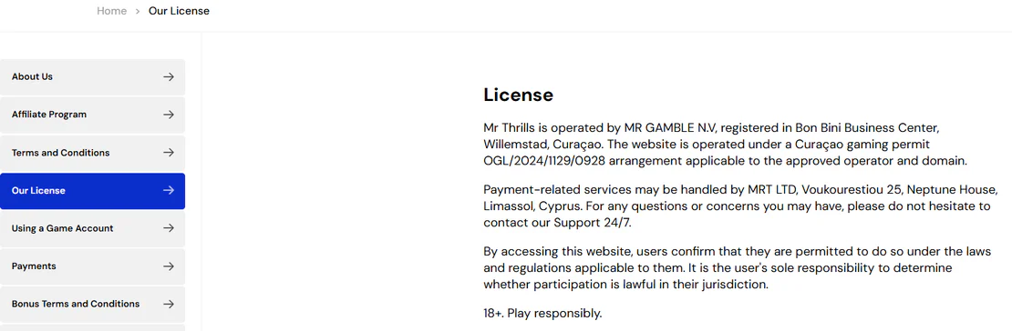 mr thrills casino license